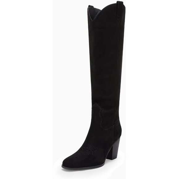 Women Suede Black Cowboy Knee High Chunky Block Heel Square Toe Tall Riding Boot - Picture 2 of 5